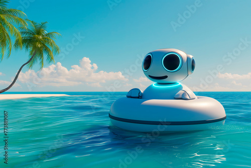 chatbot that looks like smiling and friendly robot,modern and attractive,floating in ocean on a swimming circle against a background of palm trees,concept of tourism business,travel and beach holidays © Наталья Лазарева
