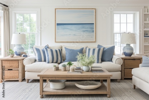 Nautical Accents  Coastal Cottage Living Room Ideas with Light Wood Furniture and Airy Curtains