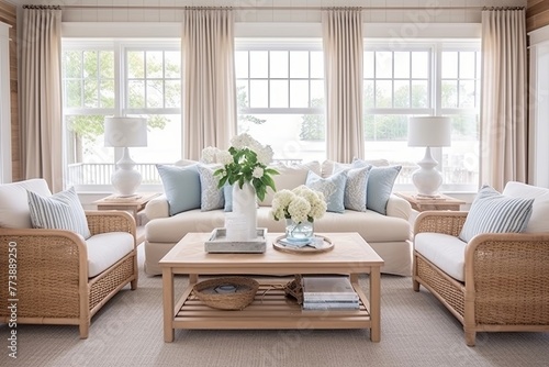 Nautical Accents in Coastal Cottage Living Room: Light Wood Furniture and Airy Curtains Inspiration © Michael