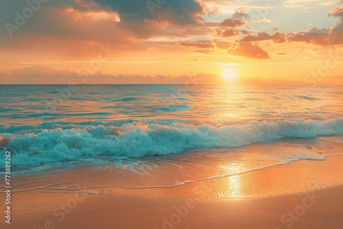 Ocean Landscape. Panoramic Beach Atmosphere. Caribbean Sunset Sky and Calm Sea © AIGen