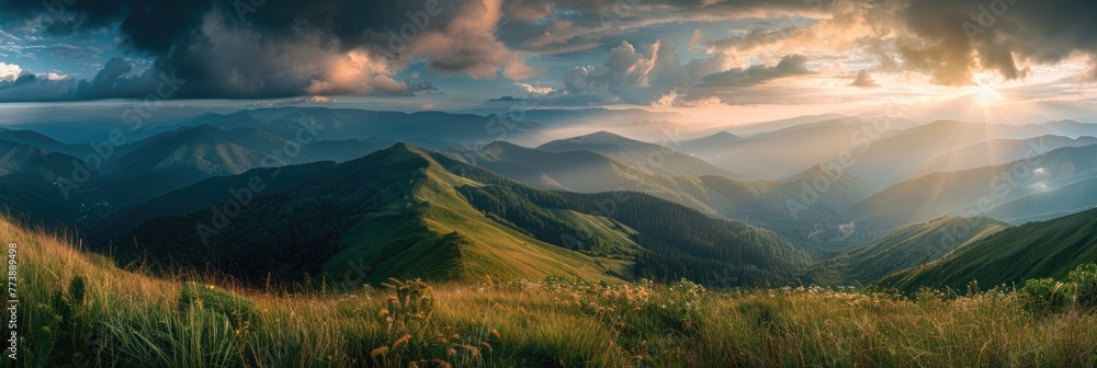 Wallpaper Nature. Breathtaking Panorama of Summer Carpathian Landscape with Clouds - obrazy, fototapety, plakaty 