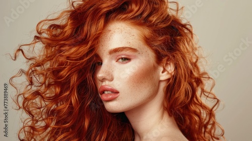 Hair Beauty. Red Head Model with Long Curly Hair. Fashion and Cosmetic Care for Wavy Red Hair © AIGen