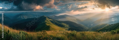 Wallpaper Nature. Breathtaking Panorama of Summer Carpathian Landscape with Clouds photo