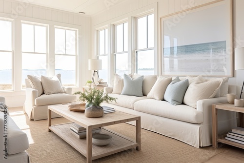 Sandy Beige Walls and Coastal-Inspired Throw Pillows: Coastal Cottage Living Room Ideas