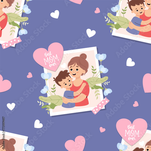 Seamless pattern with portrait happy woman with son with flowers on blue background with hearts. Vector illustration. Mothers holiday confession