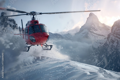 Rescue operation in the mountains with snow. Red rescue helicopter landing high in the mountains on snow close up 