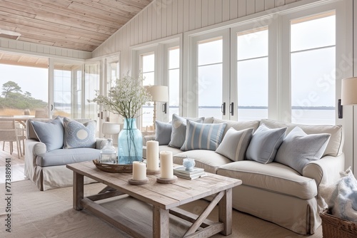 Seaside Serenity: Coastal Cottage Living Room Ideas with Rustic Coffee Table and Light Blue Accents