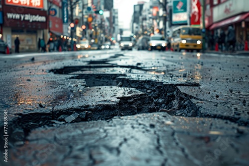 In a busy city street, there is a road with a long crack, depicting the effects of an earthquake. The background appears blurry, Generative AI
