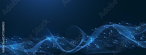 Quantum computer technologies concept. Futuristic blue circuit board background vector. Modern technology circuit board texture background design. Waves flow. Quantum explosion technology.