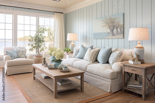 Coastal Farmhouse Living Room Ideas: Board and Batten Cottage Inspiration © Michael