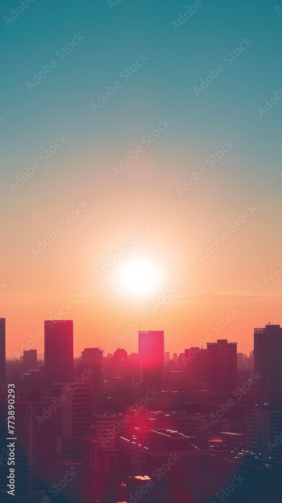 Radiant sunset over urban skyline during heatwave. Sunbeams highlighting extreme temperatures