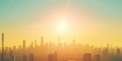 Cityscape illustration under scorching sun depicts heatwave. Concept art of extreme heat conditions
