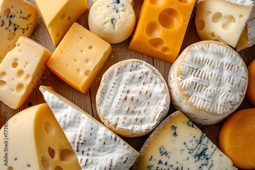 Various types of cheese beautifully arranged, top view, wallpaper