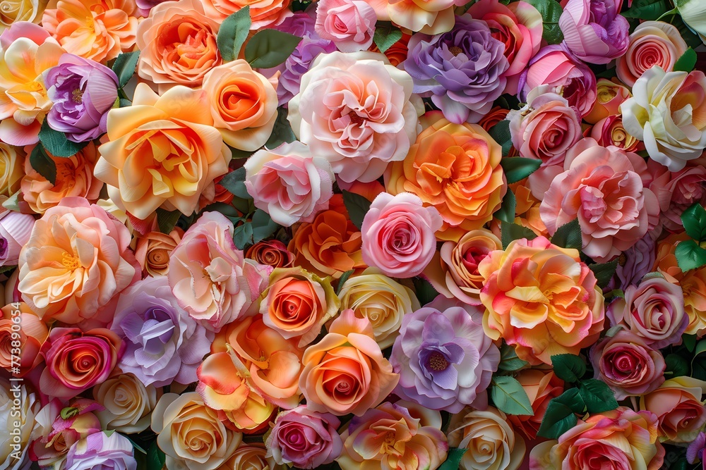 Beautiful array of colorful roses, flowers symbolizing love, closeup, top view, background Beautiful array of colorful roses, flowers symbolizing love, closeup, top view, background