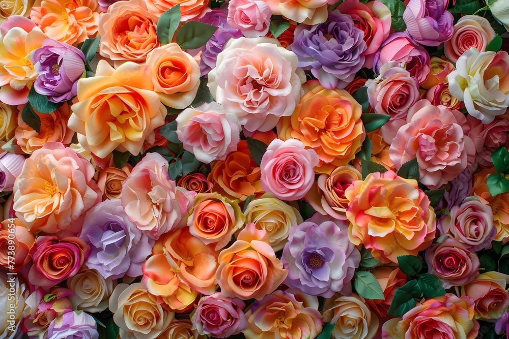 Beautiful array of colorful roses, flowers symbolizing love, closeup, top view, background