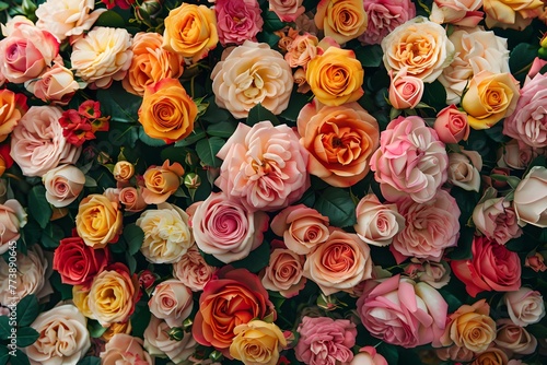 Beautiful array of colorful roses  flowers symbolizing love  closeup  top view  background