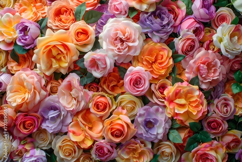 Beautiful array of colorful roses  flowers symbolizing love  closeup  top view  background