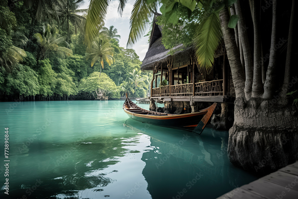 Serene tropical scene with a wooden hut, boat, clear water, and lush greenery, reflecting a sense of tranquility