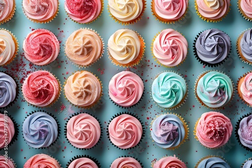 Various types of colorful cupcakes and toppings, delicious, sweet, top view, background