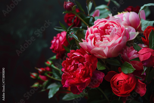 A romantic bouquet of red roses and delicate pink peonies.