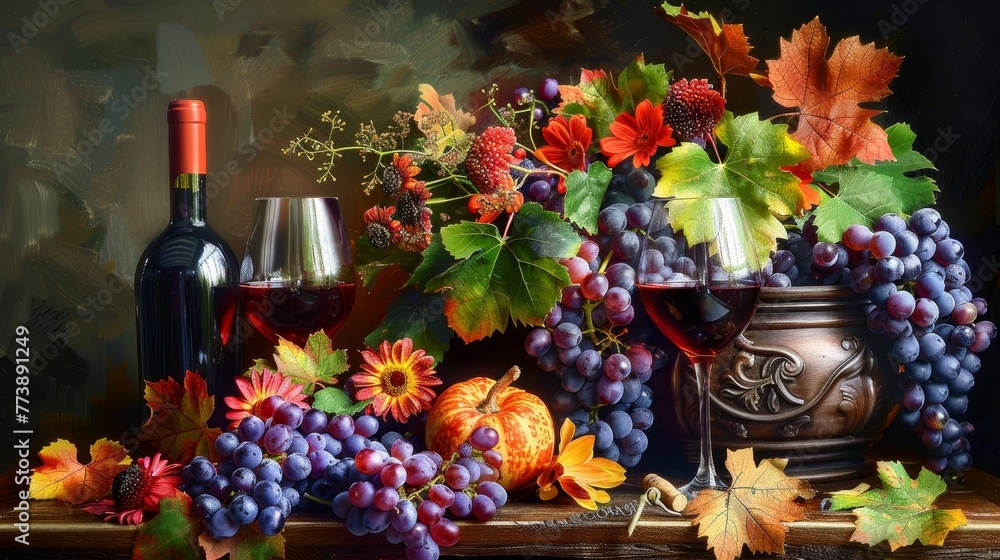 Flower, grape, and wine still life in autumn
