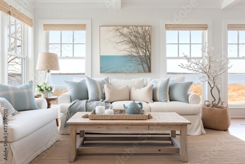 Soft Throw Blankets, Plush Pillows: Coastal Farmhouse Living Room Ideas © Michael