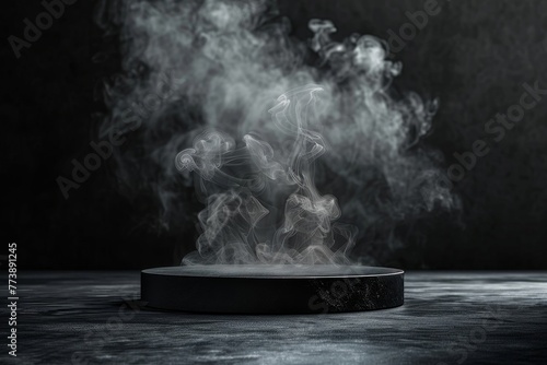 round black podium with smoke on dark background, mock up for montage and products display, Generative AI