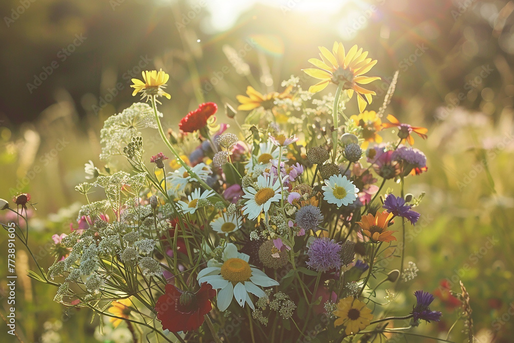 A rustic bouquet of wildflowers gathered from a sun-kissed meadow.