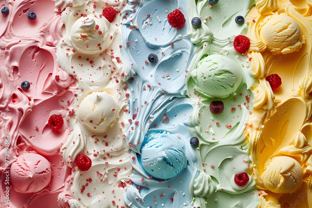 Delicious colorful ice cream to beat the summer heat, sweet and refreshing, close-up, top view, background