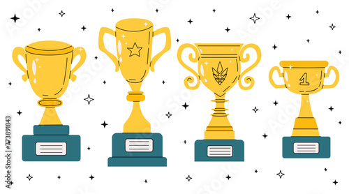 Awards and cups for victory in doodle style. Champion cup and prizes in retro flat style. Hand drawn award decorative icons. Vintage trophies, first place award. 