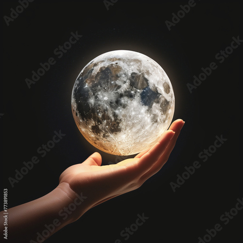 An artistic conceptual photo of a human hand holding the moon against a stark black background, evoking a sense of wonder