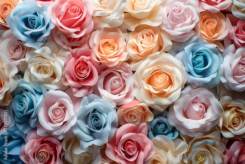 Pastel roses in full bloom for a colorful background  top view.