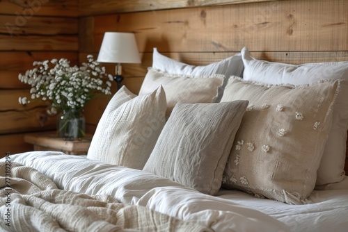 country interior design of modern bedroom with white and cream pillows on bed, Generative AI