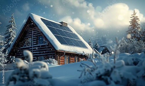 snow-covered solar panel solar cells on the roof of a house, Generative AI
