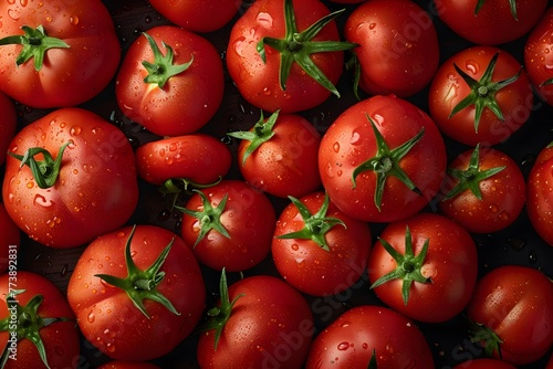 Fresh tomatoes piled together in red, background