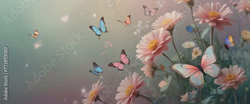Whimsical Scene with Pastel Flowers and Delicate Butterflies, Enhanced with a Holographic Touch