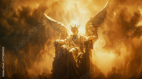 Angel as king Angelic ruler on a heavenly throne, crowned in divine light, orchestrating celestial harmony with serene authority , hyper realistic, low noise, low texture photo