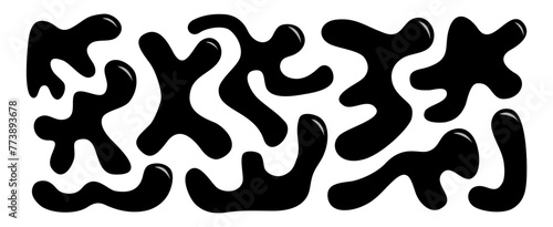 Black abstract liquid blob organic shape set. Simple wavy bubble and drop elements. Trendy object. Childish style. Minimal template for banners, posters. Flat design. Black background. Vector