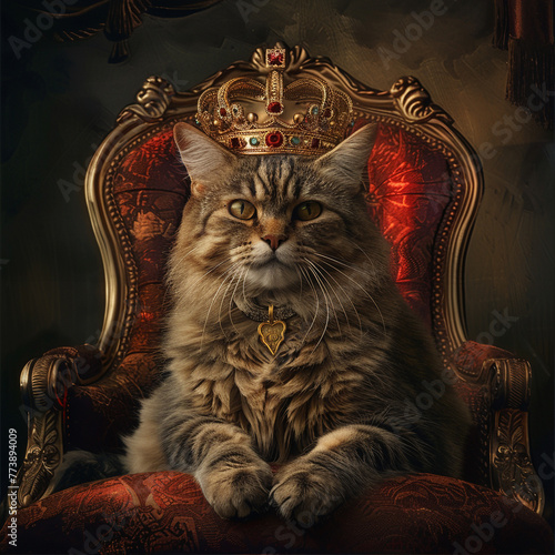 Cat as king A cat with a crown lounges on a throne, ruling the urban night with feline grace and aloof majesty , hyper realistic, low noise, low texture
