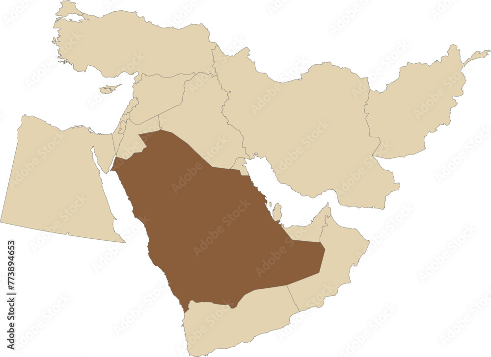 Dark brown detailed blank political map of SAUDI ARABIA with black borders on transparent background using orthographic projection of the light brown Middle East