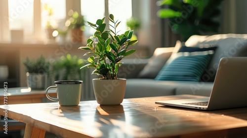 Modern workplace with laptop, coffee cup and houseplant on wooden table
