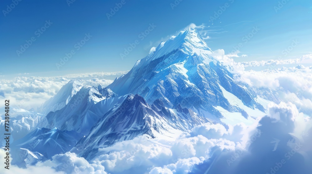 Mountain in the Clouds. Icy Blue Sky View from the Top