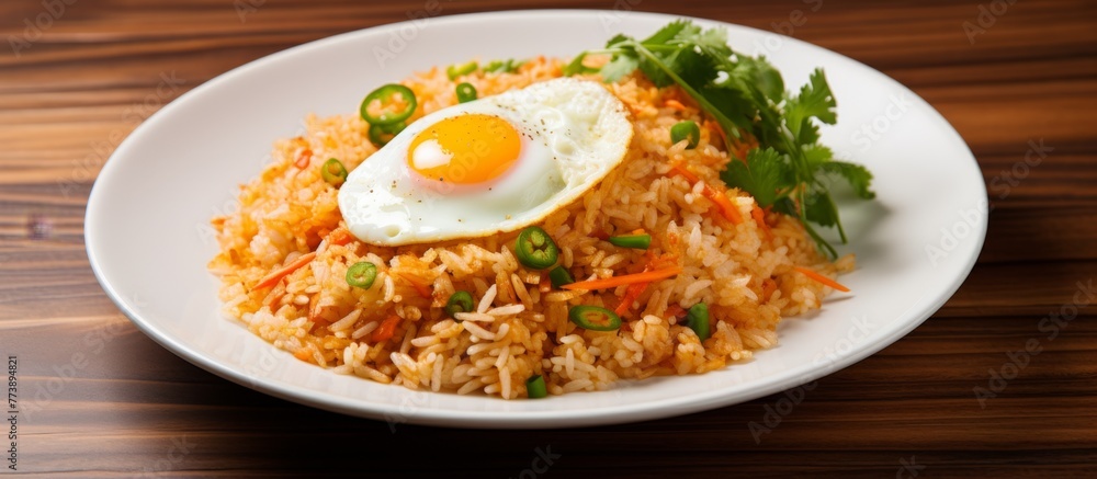 Rice on a white plate topped with a perfectly fried egg, creating a simple and delicious meal Rice on a white plate topped with a perfectly fried egg, creating a simple and delicious meal