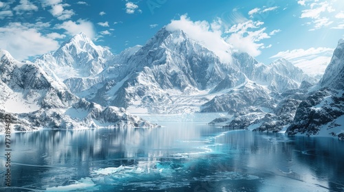 Clouds And Mountains. Snow-covered Mountain Range with Crystalline Lake in Winter Landscape