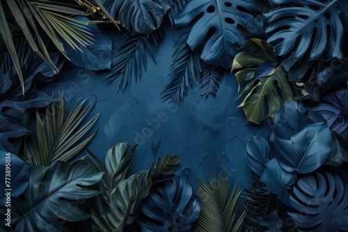 Tropic Background. Collection of Floral Flora in Blue Color with Clean Botanical Texture