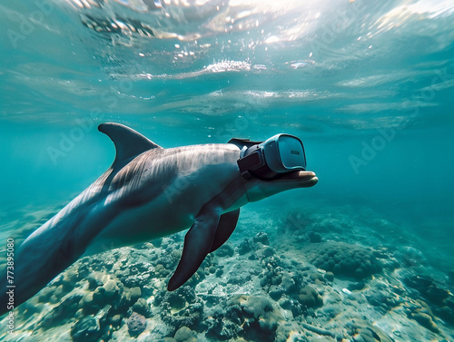 Dolphin in VR Dives through digital oceans, linking intelligence with immersive marine worlds , hyper realistic, low noise, low texture © North
