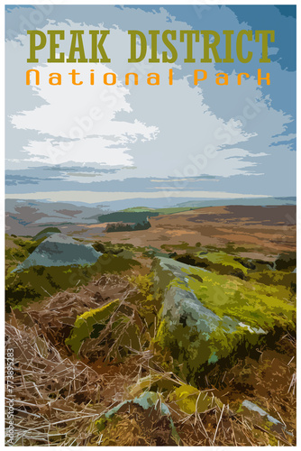 WPA inspired retro travel poster concept of the Peak District National Park, UK. photo