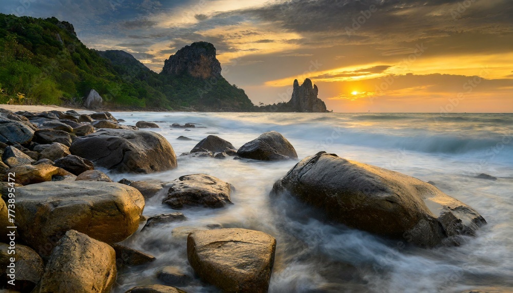 Obraz premium Big rocks with subtle wave on the beach at sunset