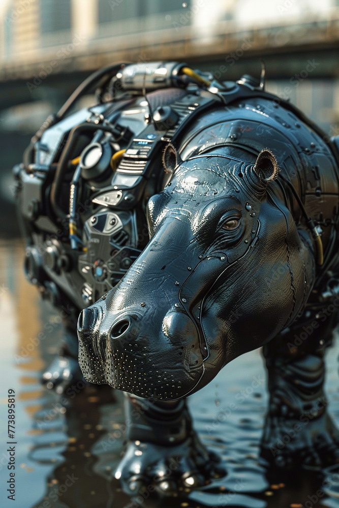 Hippopotamus robot in city Ambling hippo robot, with water purifying tech, represents natures force in urban waters , hyper realistic, low noise, low texture Hippopotamus robot in city Ambling hippo robot, with water purifying tech, represents natures force in urban waters , hyper realistic, low noise, low texture