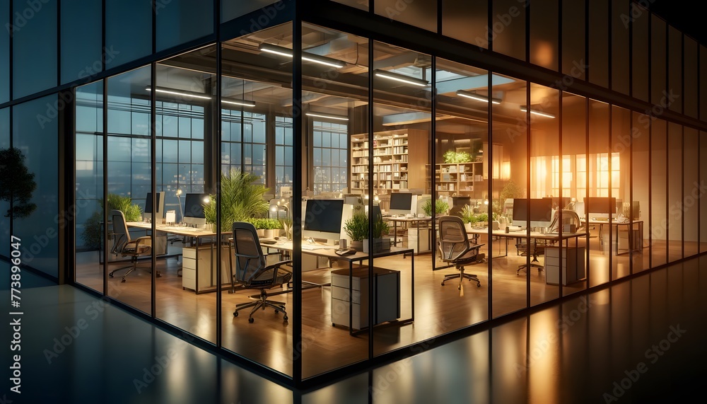 a symmetrical view down the central aisle of a contemporary office environment bathed in the golden light of sunset, reflected in its glass partitions. a symmetrical view down the central aisle of a contemporary office environment bathed in the golden light of sunset, reflected in its glass partitions.